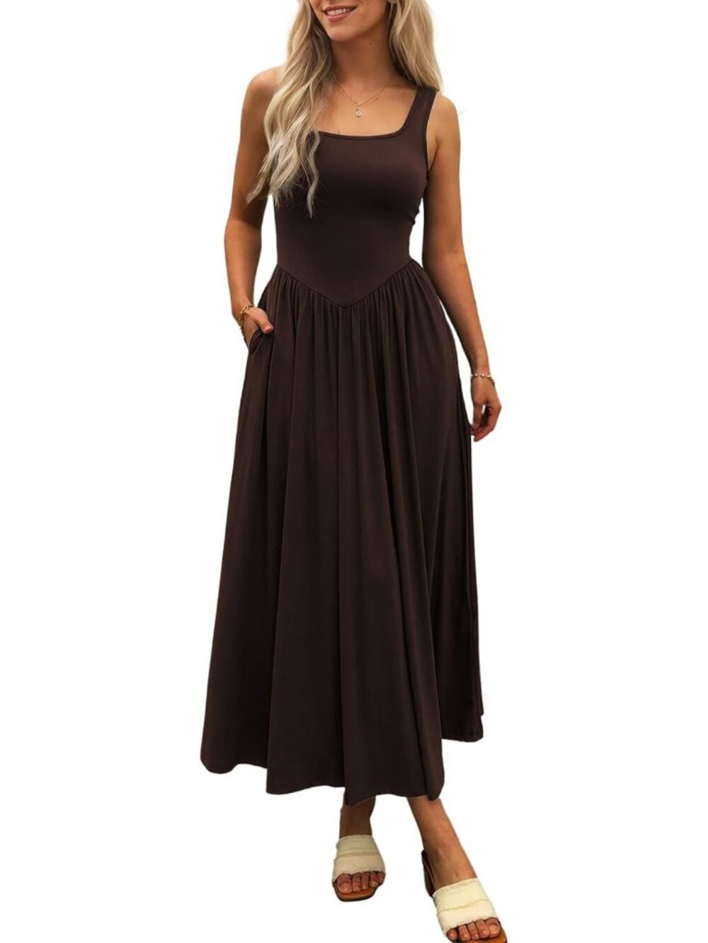 Summer Maxi Dress - Sleeveless Square Neck Casual Beach Sundress with Pockets